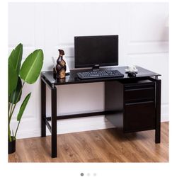 Glass Top, with Black Metal Frame Computer Desk With Drawers