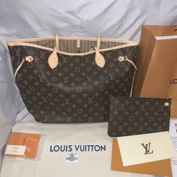 Authentic Louis Vuitton Neverfull MM Tote Monogram Beige With