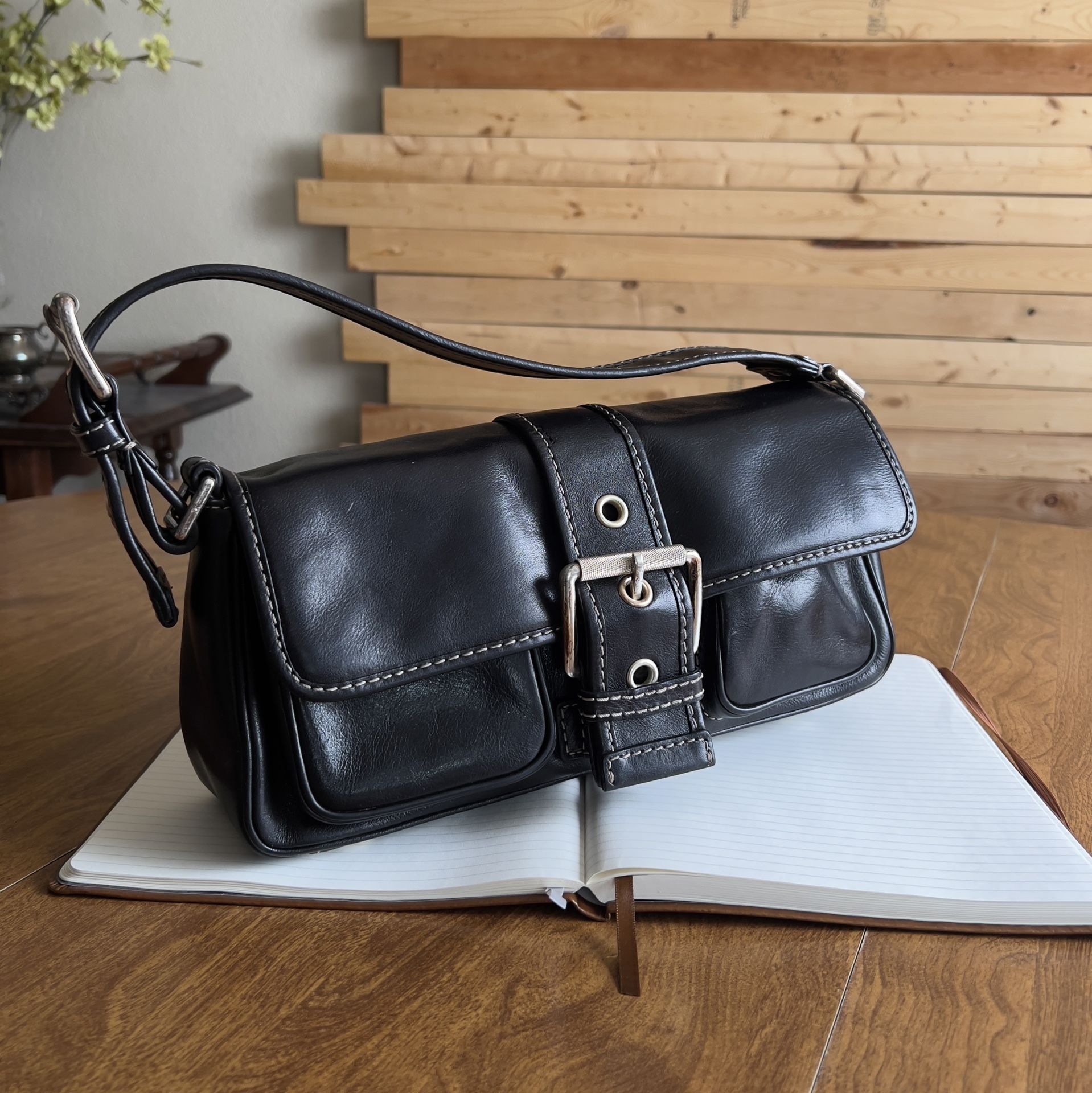 Michael Kors Vintage Black Leather Silver Hardware Magnetic Cargo Buckle Handbag