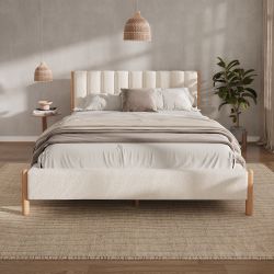 Talin Queen Size Bed with Boucle Upholstered Headboard and Solid Wood Legs