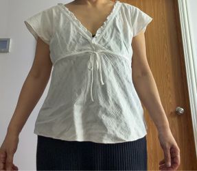 White Cotton Ruffle V-Neck Tie-Front Blouse