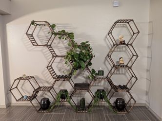 Unique Custom-Made Honeycomb floor wall shelving system.