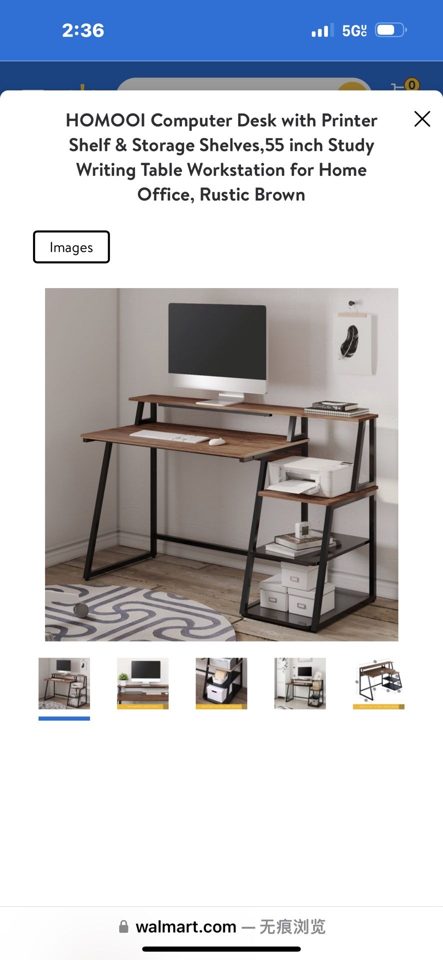 H0B5130Q HOMOOI Computer Desk with Printer Shelf & Storage Shelves,55 inch Study Writing Table Workstation for Home Office, Rustic Brown