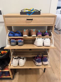 Wooden flip down shoe drawer