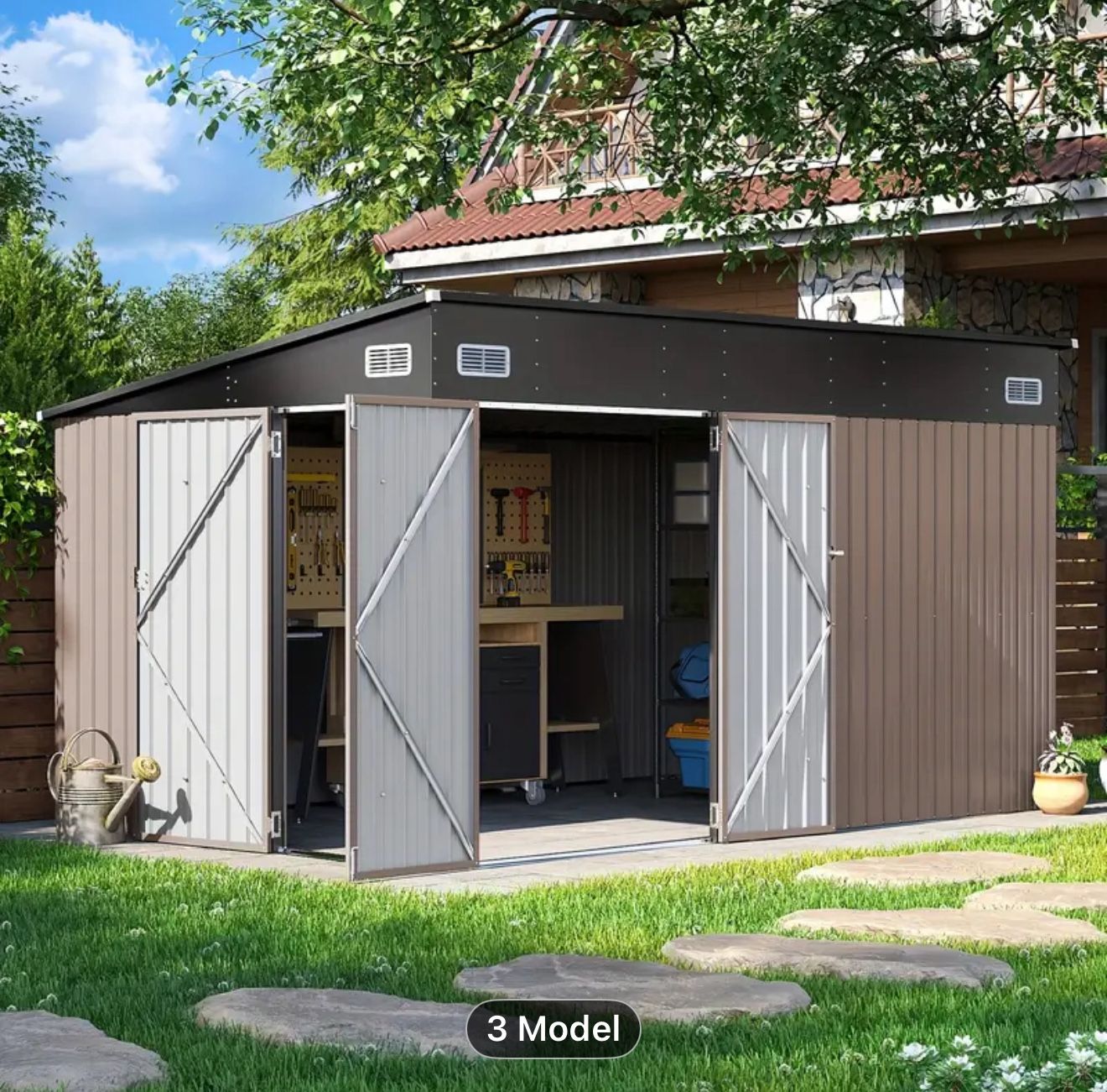 Brand new 11.5x7.3, 3 door brown metal shed shed