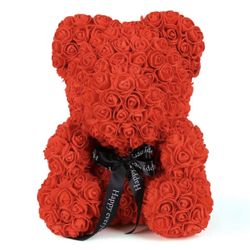 Red Flower  Teddy Bear With Black Ribbon 