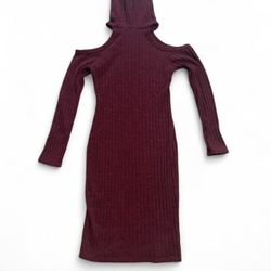 Burgundy turtleneck, open shoulder dress