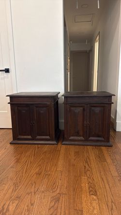 Pair of Dark Wood Nightstands with Cabinet Doors