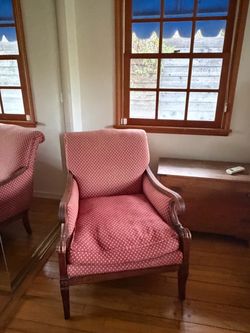Vintage Upholstered Armchair with Carved Wood Frame