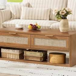 NEW High End Farmhouse Coffee Table W/ 2 Woven Drawers, 48” Mid Century Modern Coffee Table - Real Wood !