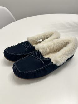 Talbots Ruby Bow Suede Moccasins Plush Faux Fur Size 7