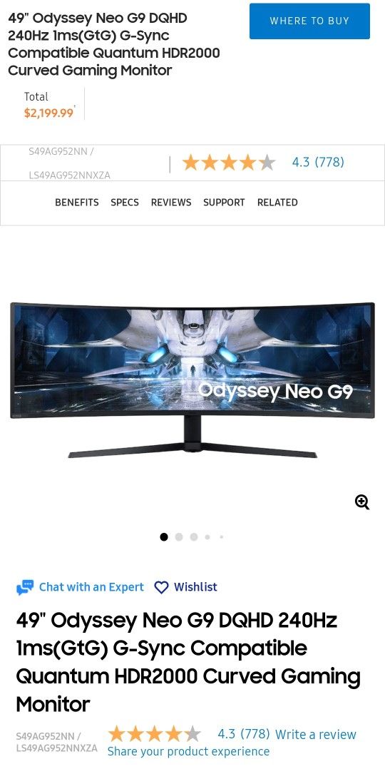 49" Samsung Odyssey Neo G9 240Hz Quantum Curved Gaming Monitor