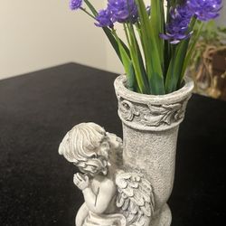 Praying Angel Vase with Artificial Purple Flowers
