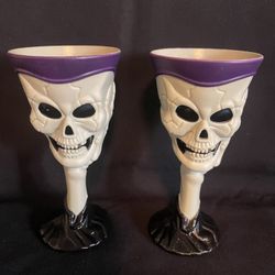 Pair of Collectible Halloween Skull Skeleton Hand Goblets Wine Cup Bones Chalice