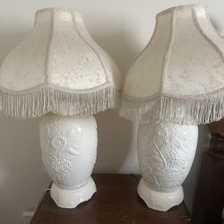 vintage, Asian-inspired white porcelain lamp set