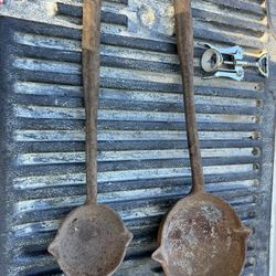 2 Antique Cast Iron Blacksmith’s Melting Ladles, Lead Melting Spoons 
