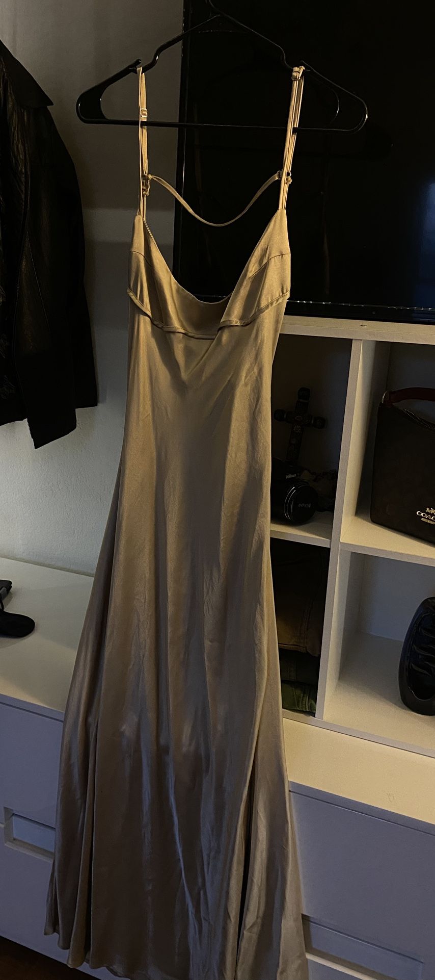 zara tan/gold maxi slip satin dress