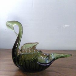 Vintage Hand Blown Avocado Green Glass Swan Dish