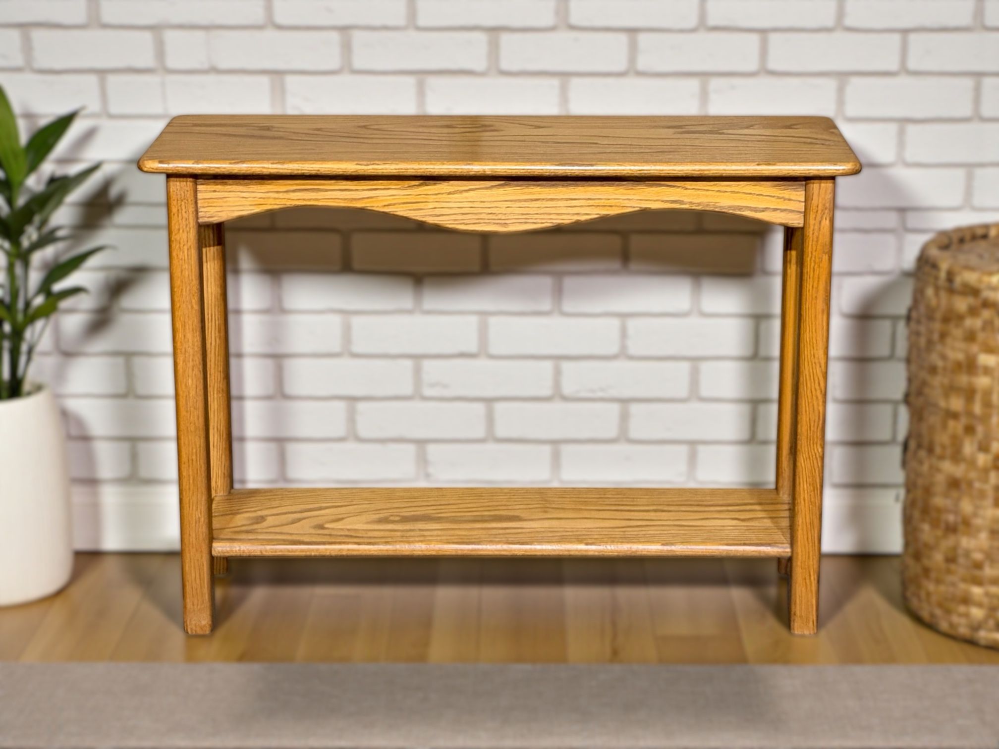 Light Brown Golden Solid Oak Narrow Console Table w/ Lower Shelf