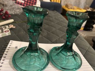Vintage Indiana Glass Set of 2 Teal Candlestick Holders