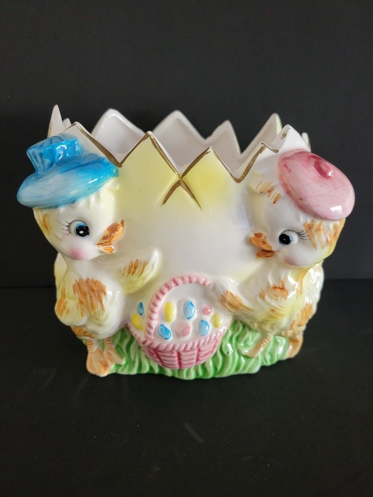 Vintage Easter Planter Ceramic Cracked Egg Duck Chick Basket Motif