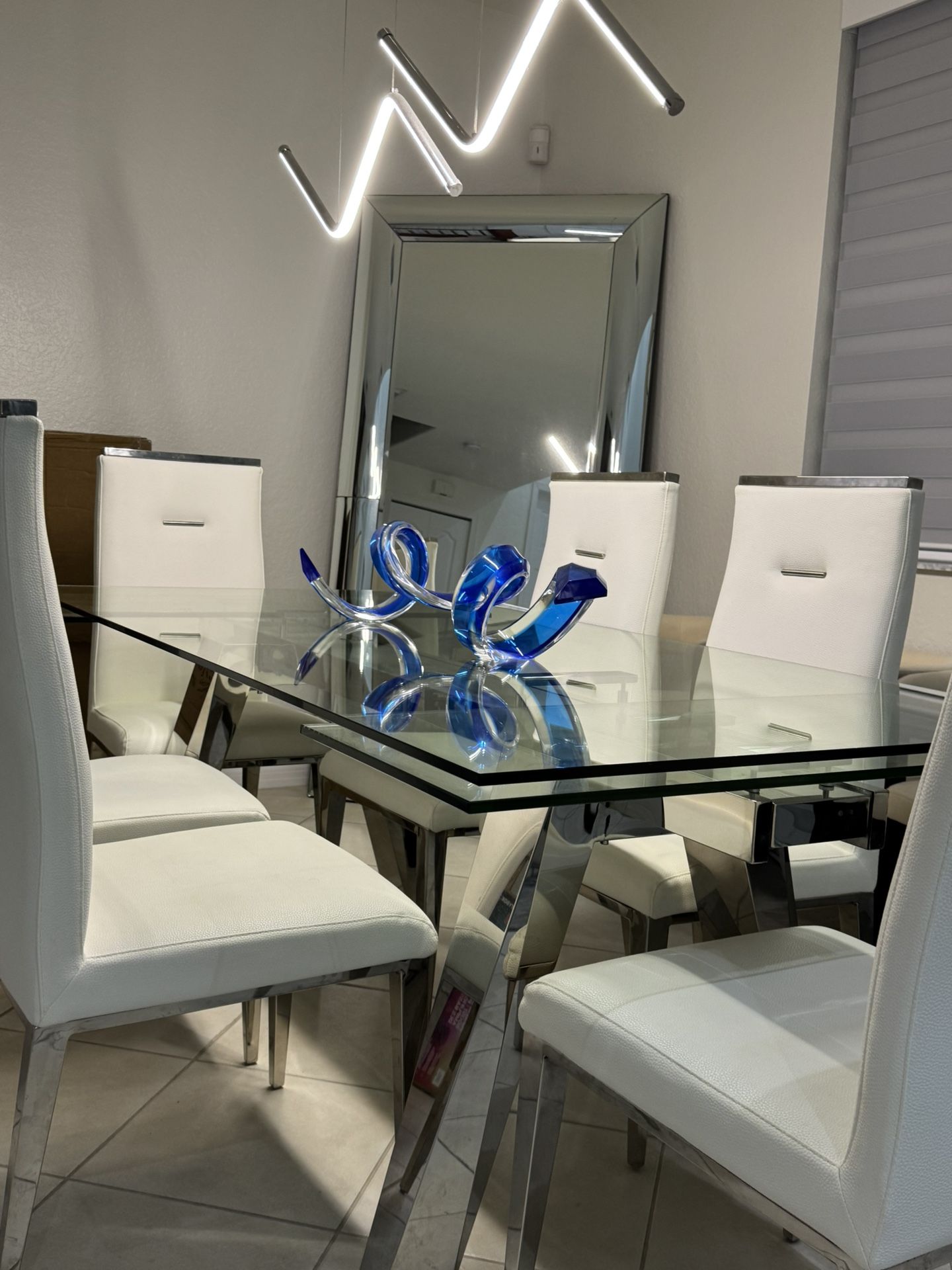 Glass Table, 6 White Leather Chairs, Floor Mirror, Acrylic Sculpture