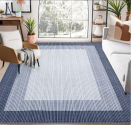9x12 Washable Area Rug, Modern Abstract Blue Non-Slip Low Pile Foldable Carpet Stain-Resistant