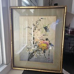Vintage P. Chan Flowers/Butterflies Botanical Silk Painting in 14x17" Frame