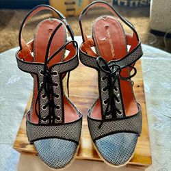 Via Spiga Wedge Heels Womens 8.5 M Leather Upper Jute Heel Lace Up Black Geo