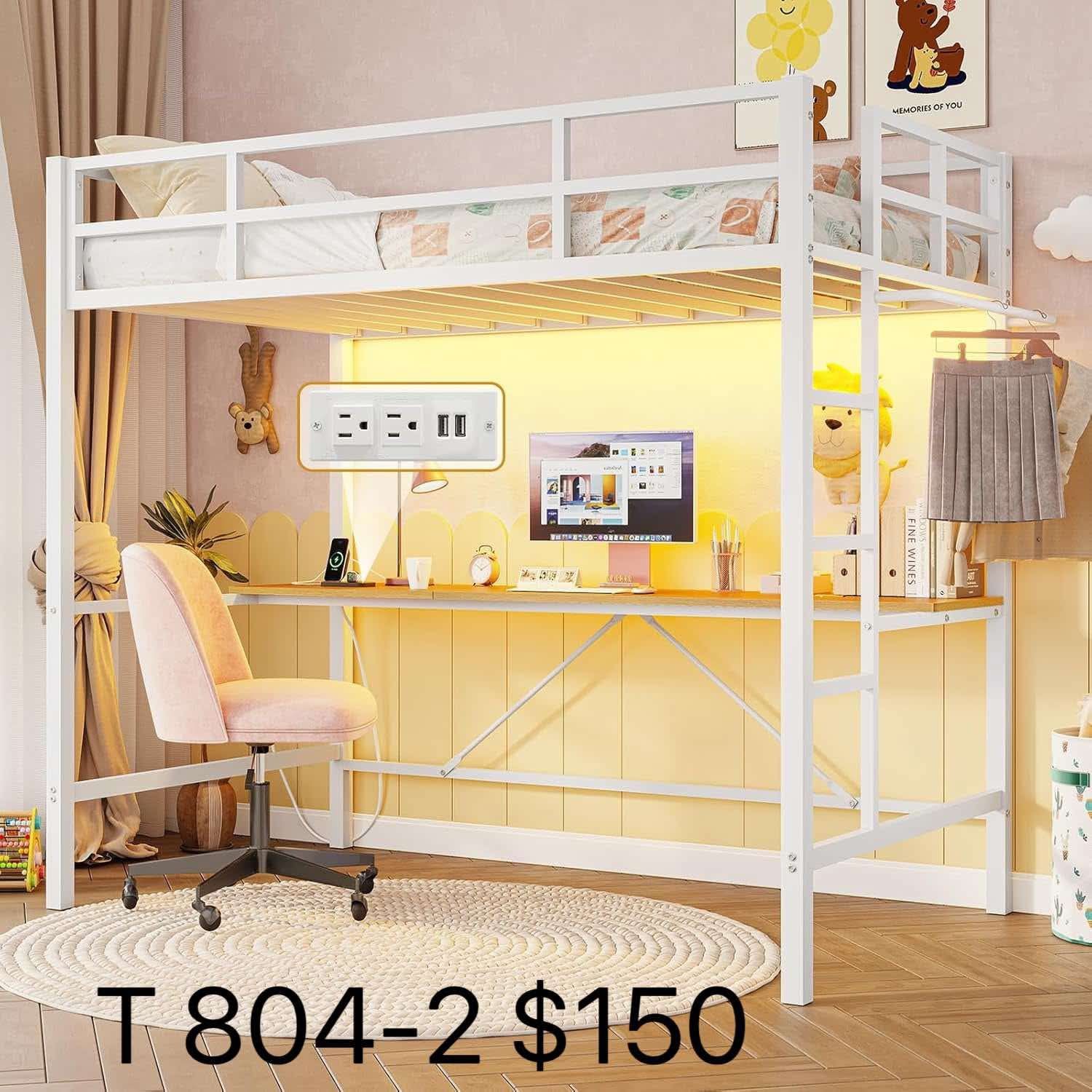 Metal Loft Bed Frame Twin Size Loft Bed Frame with Desk&Charging Station&Led Lights&Clothes Rail, Safety Guard & Ladder, White(804-2)