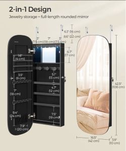 SONGMICS Round Jewelry Organizer Mirror w/ LED Jewelry Cabinet Wall/Door Mounted - Black