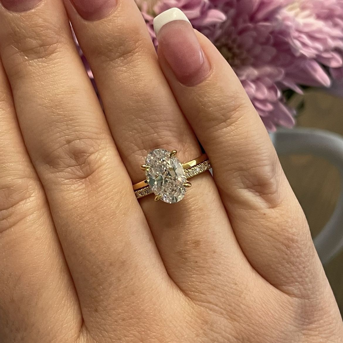 Oval engagement ring set with hidden halo Silver 925, gold, rose gold vermeil bridal set with 3.5CT oval CZ and moissanite band