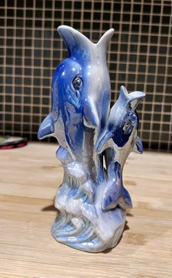 Vintage Iridescent Dolphin With Baby Pocket Vase