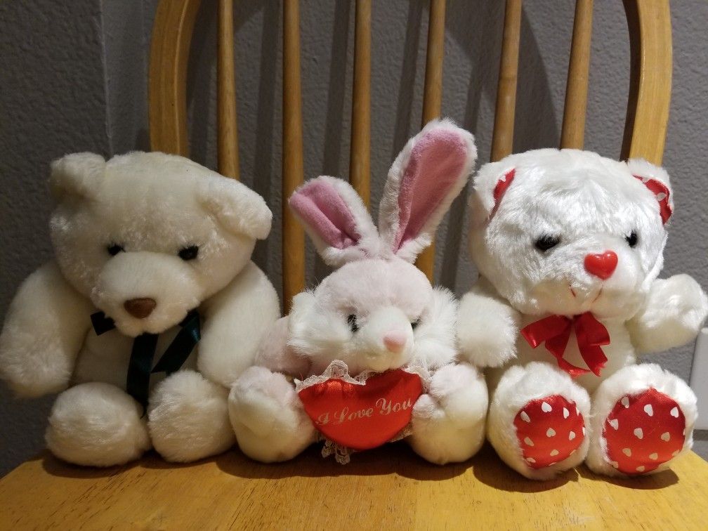 Pink bunny rabbit white bear red white I love you heart stuffed animals