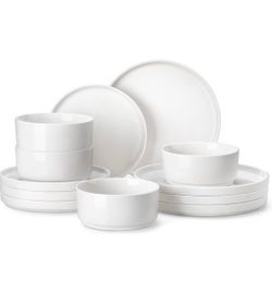 MALACASA 12 Pieces Porcelain Dinnerware Set, Modern White Dish Set for 4, Premium Serving Plates and Bowls Sets, Chip and Scratch Resistant Dishware S