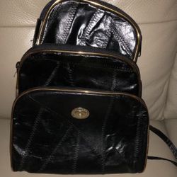 La Veda set of 3 vintage eel skin leather pouches, cosmetic bags. Mint