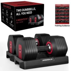 Mikolo 53LB(26.5LB*2) Adjustable Dumbbells Set of 2, 1-Sec Adjustable Weights Dumbbells Set, 5LB - 26.5LB 6 in 1 Free Dumbbell with Anti-Slip Texture 