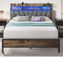 Welzona Queen Bed Frames with Headboard, LED Lights Queen Size Bed Frame with Charging Station, 2-Tier Storage Shelves, Heavy Duty Metal Slats, Noise