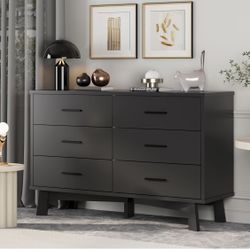 Dresser for Bedroom with 6 Drawer, Modern Chest of Drawers with X-Shaped Sturdy Base, Wide Wood Double Dresser Closet Clothes Storage Organizer, Woode