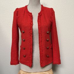 Zara Women’s Tweed Frayed-edge Blazer Jacket, Size Small, Red