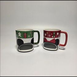 Disney Store Minnie & Mickey Mouse Coffee Mug w Cookie Holder Santa Christmas