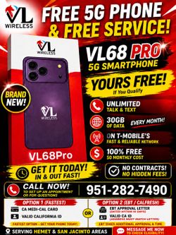 Free 5G VL68PRO with unlimited talk and text plus 30GB data every month free when qualified through Lifeline