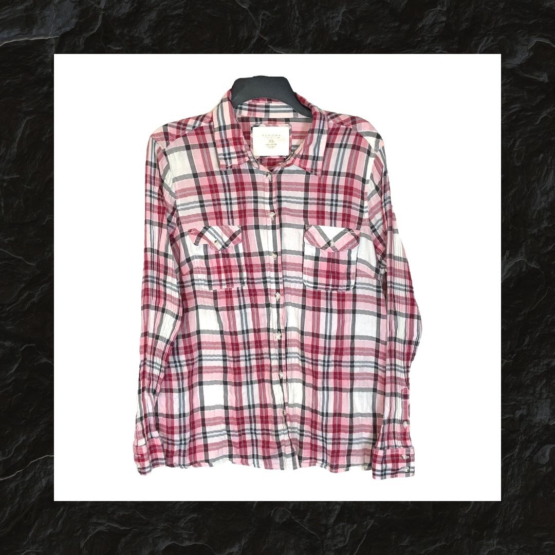 Sonoma Pink, White, Burgundy, Gray Plaid Button Cotton Shirt Women XL