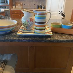 Pitchers, platter, large bowl and 3 piece bowl and chip set