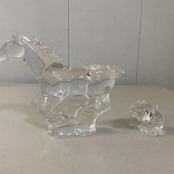 Steuben Glass Crystal Horse Running at Full Gallop & Hopping Rabbit