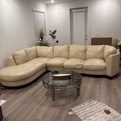Beige Leather Couch Sofa Sectional 