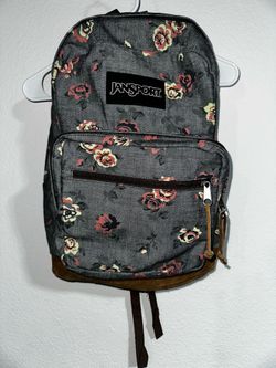 JanSport SuperBreak Backpack Gray/Brown Floral Accents Zipper Closure