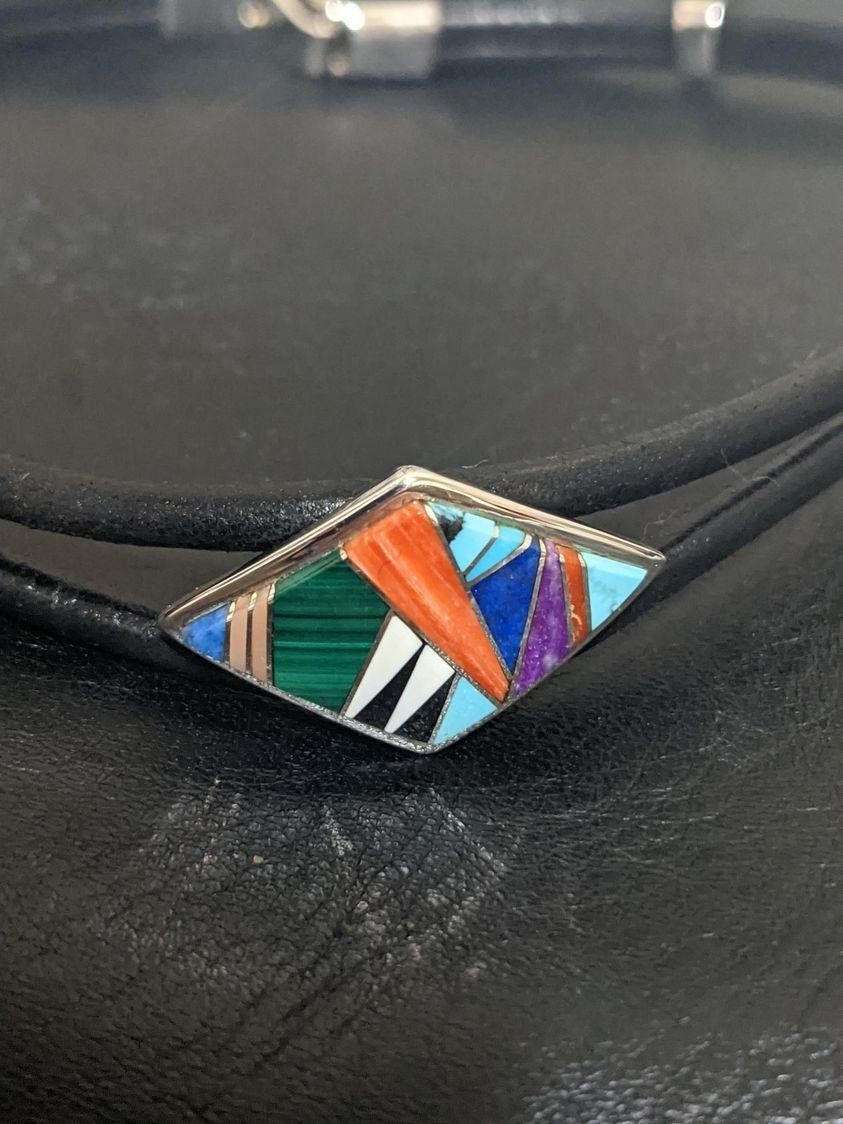 Vintage Native American Necklace Zuni Multi Stone Inlay 925 Sterling Silver Trade B.G.M B.G MUDD