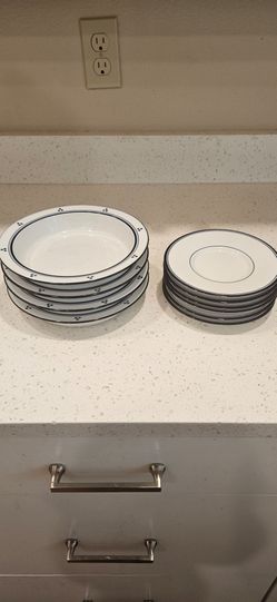 White DANSK Ceramic Dishes with Blue Trim Set