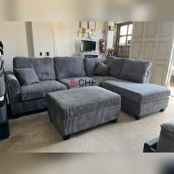 3 PC Corduroy Sectional Sofa With Ottoman